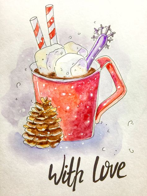 Hot Chocolate Sketch, Winter Cafe Aesthetic, Hot Chocolate Drawing, Hot Chocolate Art, Chocolate Drawing, Chocolate Station, Cold Weather Food, White Cafe, Hot Chocolate Marshmallows