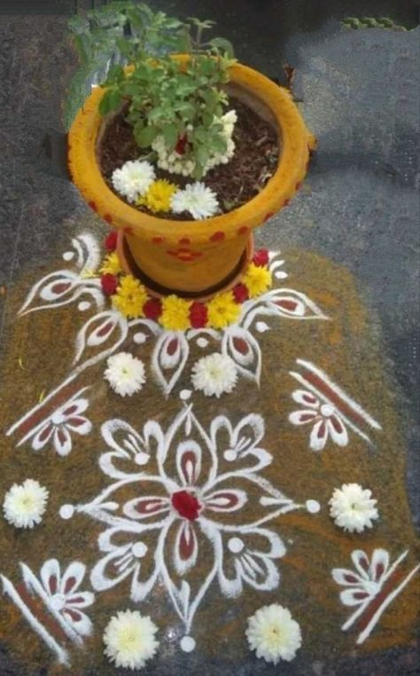 Rangoli For Tulsi Pooja, Varalakshmi Rangoli Designs, Tulasi Kota Muggulu, Tulasi Rangoli Designs, Thulasi Kota Designs, Tulasi Pooja Decoration, Tulasi Kota Designs, Tulasi Pot Designs Painting, Thulasi Plant Decoration