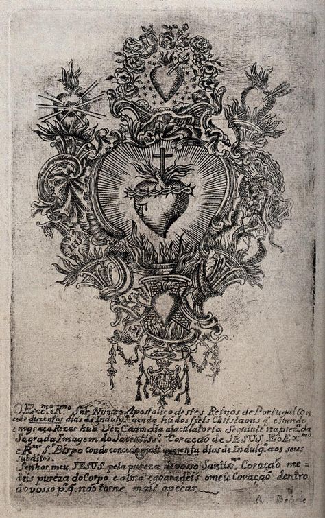 The Sacred Heart of an unidentified location in Portugal. Engraving by A. Debrie. | Wellcome Collection Sacred Heart Art, Backpiece Tattoo, Sacred Heart Tattoos, Engraving Tattoo, Religious Tattoos, Cathedral Architecture, The Sacred Heart, Engraving Illustration, Heart Illustration