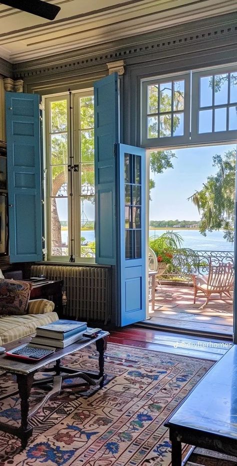 Blue Beach House Aesthetic, Summer House Interior Ideas, Southern Style Homes, Modern Coastal Decor, Blue Shutters, Beach Interior, Open Door, Dream Apartment, Dream House Interior