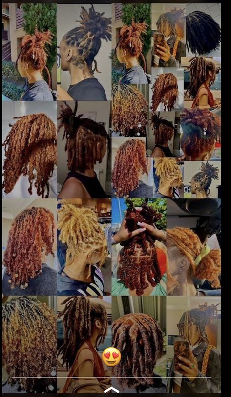 Colored Locs With Curly Ends, Cute Hairstyles For Short Starter Locs, Locs Type 4 Hair, Natural Dyed Locs, Loc Styles Back To School, Starter Locs Short 4c Hair Styles, Dreadlock Styles With Beads, Ginger And Blonde Hair Black Women Locs, Fall Colors For Locs