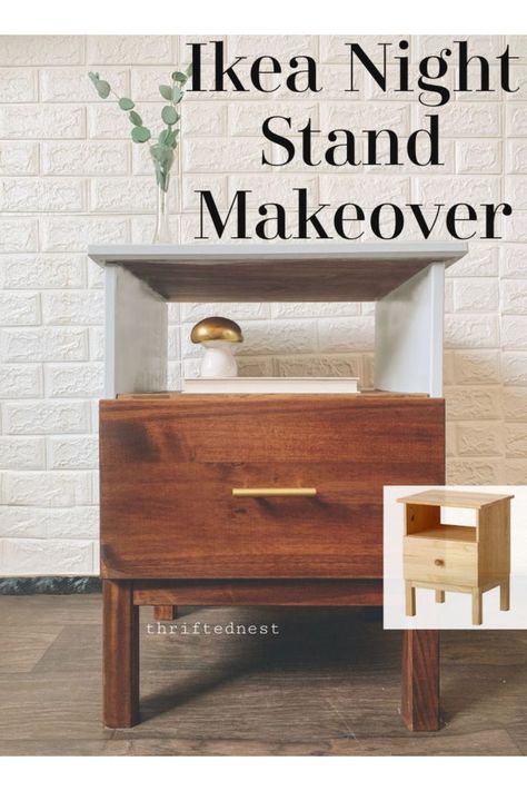 Ikea Tarva Night Stand Hack - Thrifted Nest Ikea Nightstand Makeover, Paint Ikea Furniture, Ikea Tarva Hack, Dresser Makeover Diy, Night Stand Makeover, Tarva Hack, Cheap Furniture Makeover, Easy Furniture Makeover, Ikea Nightstand