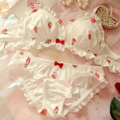 Prinsis - Set: Printed Ruffle Trim Bra + Panties Dr Mundo, Strawberry Cute, Deer Doll, Silk Bra, Club Outfits For Women, Mori Girl Fashion, Breast Reduction, Cute Bras, Cute Lingerie