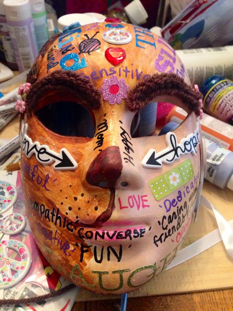 Identity mask Mask Emotion Art, Art Therapy Mask Activity, Identity Mask Project, Personality Mask Project Ideas, Personality Mask Project Psychology, Mask Design Ideas Paint, Masking Emotions, Art Masks Ideas, Emotion Mask