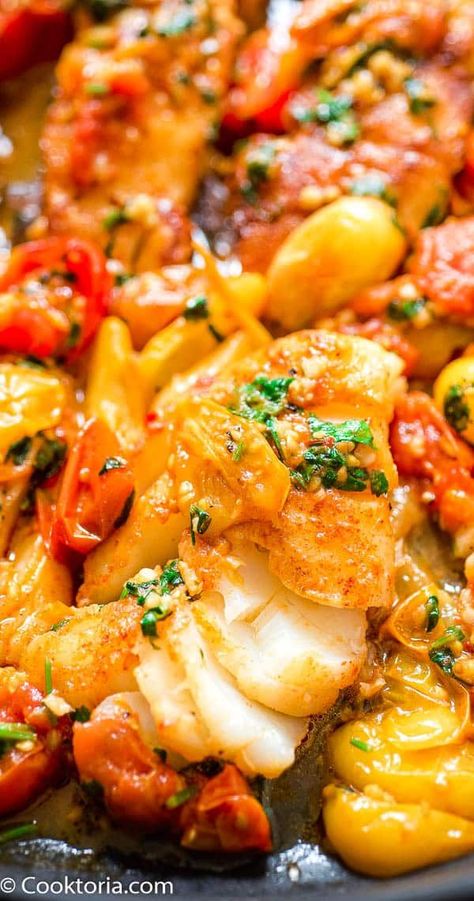 This super easy and tasty Cod Fish in Tomato Sauce is perfect for pairing with rice, grits, or pasta. Your meal will be ready to serve in under 30 minutes. FOLLOW Cooktoria for more deliciousness! #cod #fish #seafood #tomatoes #dinner #lunch #easyrecipe #recipeoftheday Cod Fish Recipes With Cherry Tomatoes, Fish Receipts, Fish In Tomato Sauce, Fish And Grits, Rice Grits, Food Potatoes, Tomatoes Dinner, Fish Rice, Pinterest Food