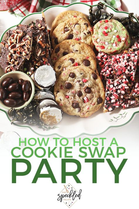 Cookie Swap Parties, also known as cookie exchanges, are a fun way to celebrate the holidays and discover new cookie recipes! Come learn how to host one of these parties. #EasyEntertaining #SpeckledPalate Hosting A Cookie Exchange Party, Cookie Exchange Party Ideas Games, How To Host A Cookie Exchange Party, Cookie Decorating Party For Adults, Regifting Party, Cookie Swap Party Ideas, Cookie Exchange Party Ideas, Cookie Exchange Rules, New Cookie Recipes