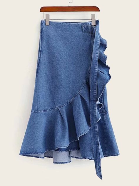 Ruffle Hem Asymmetrical Denim Skirt | SHEIN USA Rok Denim, Vestidos Jeans, Mesh Overlay Dress, Mesh Bodycon Dress, Outfit Mujer, Moda Jeans, Skirt Trends, Denim Skirt Women, Denim Pencil Skirt