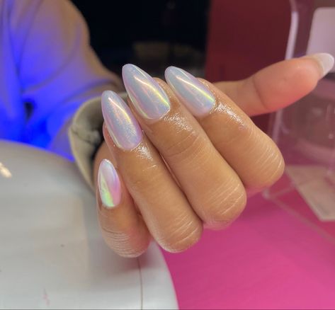 Milky white gel x almond nails Milky White Iridescent Nails, Milky White Cat Eye Nails, Gel X Almond Nails, White Cat Eye Nails, Iridescent Chrome Nails, Gel X Almond, Milky White Nails, Milky Nails, Eye Nails