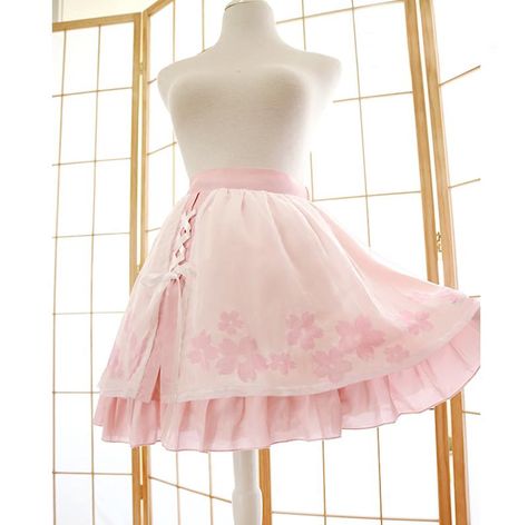 Sakura Skirt, Cherry Blossom Outfit, Pink Chiffon Skirt, Sakura Dress, Clothes Teen, Outfits Anime, Kawaii Skirt, Skirt Bow, Cherry Blossom Print