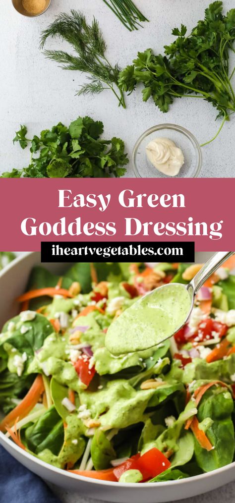 This creamy Green Goddess dressing is loaded with fresh herbs for a tasty salad dressing that is packed with flavor! This recipe also makes a great sandwich spread or vegetable dip! Vegetable Recipes Dinner, Goddess Dressing Recipe, Yummy Vegetable Recipes, Vegetable Dip, Goddess Dressing, Green Goddess Dressing, Sandwich Spread, Vegetarian Recipe, Tasty Vegetarian Recipes