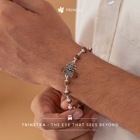 Rudraksha Silver Shiva Third Eye Bracelet, featuring the divine symbolism of Mahadev's Third Eye and Damru in a single-line design for men. Get this today at 25% off Order Now at www.prinjal.com . . . #rudrakshabracelet #silverbracelet #braceletformen #rudrakshajewelry #rudrakshamala #rudrakshapendant #damru #thirdeye #shivaeye #shivabracelets #shravan #mahadev Rudraksha Jewelry For Men, Rudraksh Breslet For Man, Rudraksha Jewelry Bracelets, Rudraksh Bracelet For Men Silver, Rudraksh Bracelet For Women, Rudraksha Jewelry, Rudraksha Bracelet, Rudraksha Mala, Shiva Eye