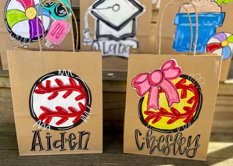 Hand painted gift bag Measures 8x10 Hand Painted Gift Bags, Painted Gift Bags, Painted Banners, Basketball Cheer, Painted Ideas, Athletic Director, Softball Party, Painting Signs, Softball Bags