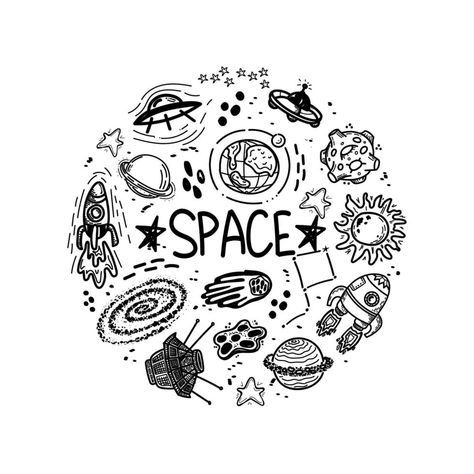 Set of space elements in a circle on a white background. Hand-drawn space inscription. Hand-drawn doodle style elements. Black hole. Rockets, satellite, flying saucer. Space objects and stars Reverse Coloring, Space Objects, Space Doodles, Bookish Tattoos, Planet Drawing, Doodle Videos, Alien Drawings, Space Drawings, Stamp Ideas