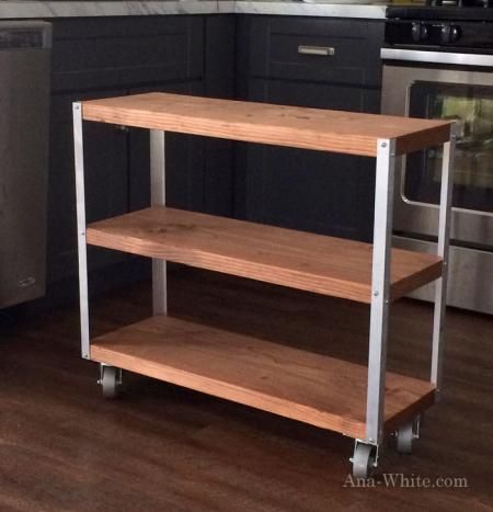 Cut a 2x12 board into three pieces.  Screw metal angle to corners. Add wheels.  Easiest DIY cart ever! Diy Kitchen Cart, Garage Inspiration, Apartemen Studio, Y2k Bedroom, Industrial Cart, Industri Modern, Pipe Desk, Plumbing Pipe Furniture, Industrial Lamps