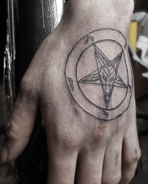 Small Baphomet Tattoo, Occult Hand Tattoo, Sigil Of Baphomet Tattoo, Baphomet Tattoo Simple, Satanic Tattoo Design Ideas, Satanism Tattoo, Small Satanic Tattoos, Baphomet Tattoo Design, Hand Traditional Tattoo