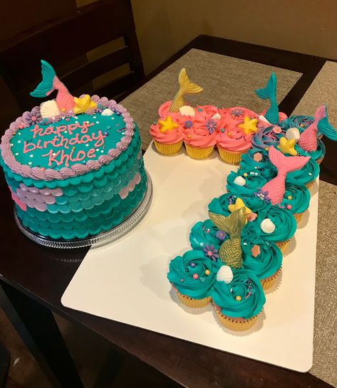 Mermaid Birthday Cake And Cupcakes, Mermaid Cupcakes Pullapart, Number 7 Mermaid Cake, 7 Shaped Birthday Cake, Number 7 Mermaid Cupcake Cake, Mermaid Birthday Cake Buttercream, Mermaid Birthday Cake Diy, Mermaid Princess Cake, Mermaid Cupcakes Ideas