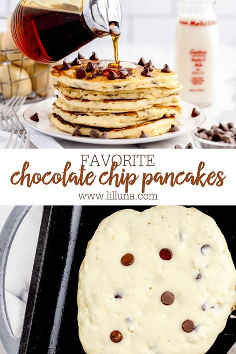 Deliciously fluffy chocolate chip pancakes are perfect for even the biggest kid. Whip them up for breakfast or dessert! #chocolatechippancakes #chocolatechip #pancakes #breakfast #easybreakfast Chocolate Chip Pancake, Buttermilk Syrup, Pancakes Breakfast, Chocolate Chip Pancakes, Pancake Batter, Easy Breakfast, Macadamia, Buttermilk, Chocolate Chip