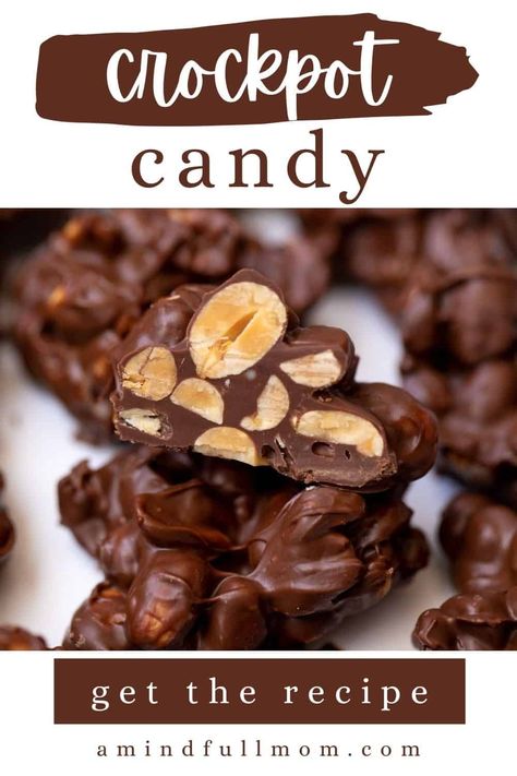 It doesn't get much easier than this recipe for Crockpot Candy! Peanuts are coated in a variety of melted chocolate, creating a homemade candy that is absolutely delicious! Perfect for gift-giving, Christmas treats, or just a special treat. Easy Crockpot Candy, Crockpot Candy Recipes, Nut Clusters, Crockpot Candy, Peanut Clusters, Homemade Candy, Christmas Food Gifts, Almond Bark, Delish Recipes