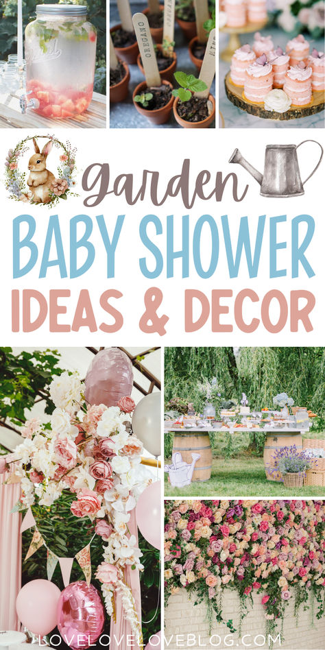 Collage of garden baby shower ideas. English Garden Baby Shower Theme, Little Sprout Baby Shower Theme, Secret Garden Baby Shower Ideas, Garden Themed Baby Shower Ideas, Garden Theme Baby Shower Ideas, Garden Party Baby Shower Ideas, Garden Baby Shower Ideas, Flower Baby Shower Theme, Baby Shower Garden