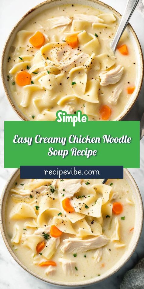 Craving a simple yet delightful dinner idea? This Easy Creamy Chicken Noodle Soup Recipe brings warmth and flavor to your table without the fuss. Perfect for busy nights! Be sure to save this recipe for a quick, light dinner option you’ll love. Easy Creamy Chicken Noodle Soup, Creamy Chicken Noodle Soup Recipe, Easy Creamy Chicken, Creamy Chicken Noodle, Creamy Chicken Noodle Soup, Chicken Noodle Soup Recipe, Noodle Soup Recipe, Recipes With Few Ingredients, Savory Chicken