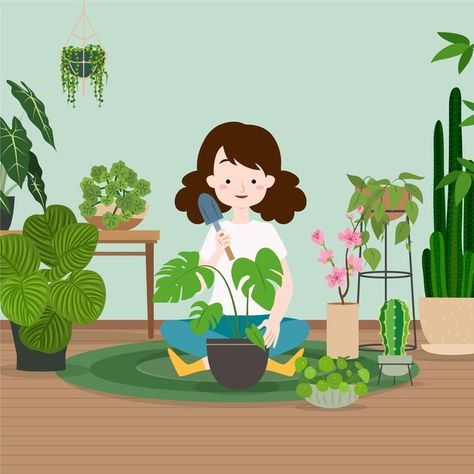 Girl gardening at home illustration Free... | Free Vector #Freepik #freevector #character #home #work #plant At Home Illustration, Gardening At Home, World Teacher Day, Plant Doodle, Home Illustration, Flat Design Illustration, Spring Background, Halloween Artwork, Character Home