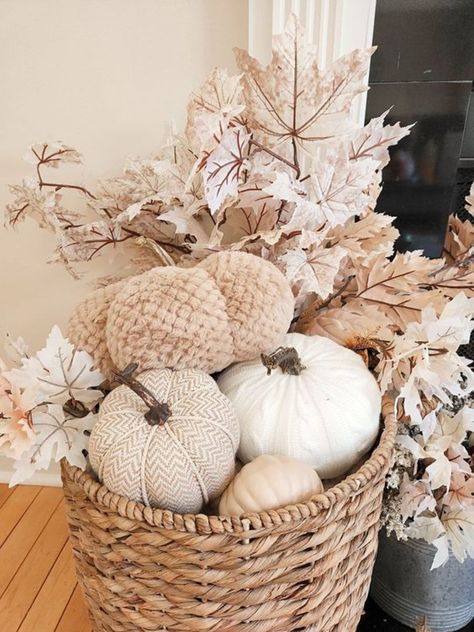 Pumpkins In Basket Decor, Neutral Fall Decor 2023, Fall Decor Neutral Colors, Pumpkin Basket Ideas, Cream Fall Decor, Neutral Autumn Decor, Neutral Halloween Decor, Hobby Lobby Fall, Boho Fall Decor