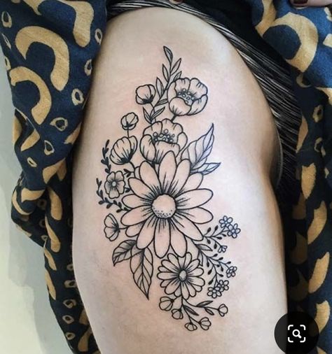 Flower Tattoo Ideas For Women, Wildflowers Tattoo, Sunflower Tattoo Thigh, Sunflower Tattoo Sleeve, Sunflower Tattoo Shoulder, Tattoo Diy, Tattoo Placements, Flower Tattoo Ideas, Floral Thigh Tattoos