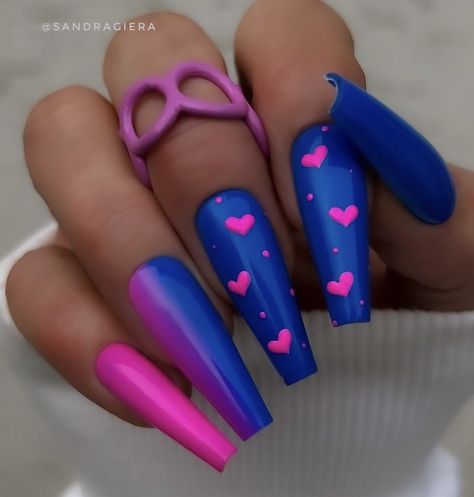 Royal Blue And Pink Nails, Hot Blue Nails, Blue And Pink Nail Designs, Hot Pink And Blue Nails, Coffin Nails Blue, Fall Coffin Nails, Hot Pink Heart, Royal Blue Nails, Fun Summer Nails