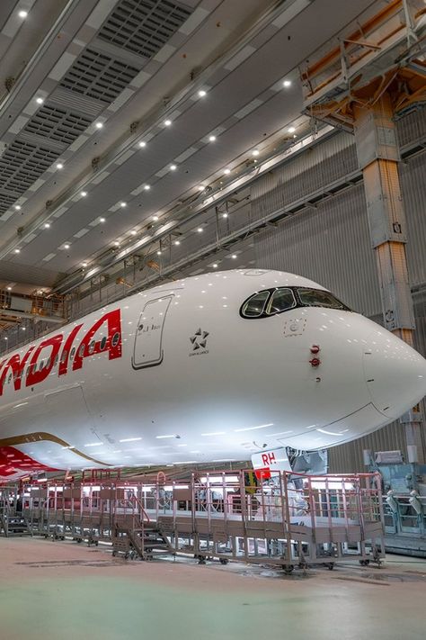 Air India, which is on a modernising path under its new ownership of the Tata Group has shared given a sneak peek at the airline's upcoming Airbus A350 aircraft fleet, which is set to debut this winter."Here's the first look of the majestic A350 in our new livery at the paint shop in Toulouse. Our A350s start coming home this winte... Air India Express, Tata Group, Airplane Landing, Airbus A350, Creative School Project Ideas, Aviation World, Airport Fits, Winter Air, Air Traffic Control