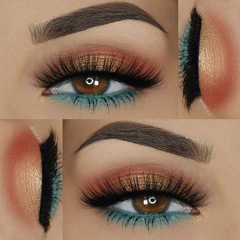 Maquillaje para ojos cafés claro: turquesa, ladrillo y naranja Gold And Green Eye Makeup, Green Eye Makeup, Make Up Designs, Brow Styling, Smink Inspiration, Eye Makeup Steps, Green Makeup, Green Eye, Eye Makeup Designs