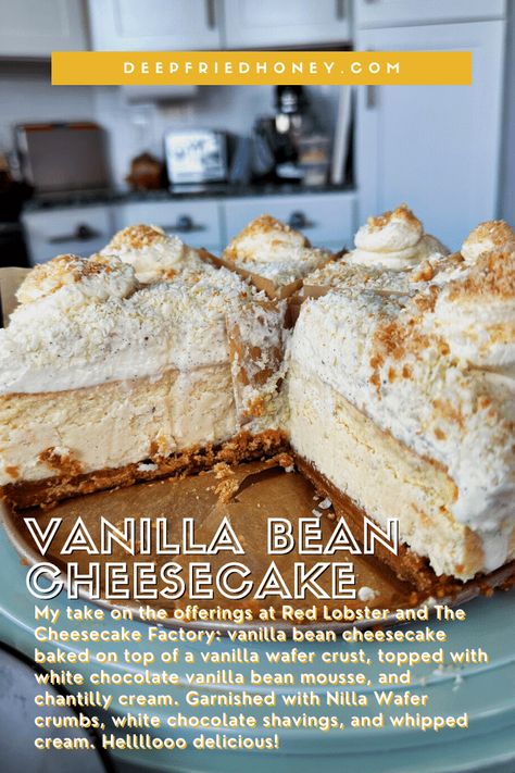 Vanilla Bean Mousse, Cheesecake With Whipped Cream, Layer Cheesecake, Cheesecake Factory Copycat, Light Cheesecake, Vanilla Wafer Crust, Vanilla Bean Cheesecake, White Chocolate Shavings, Cheesecake Factory Recipes