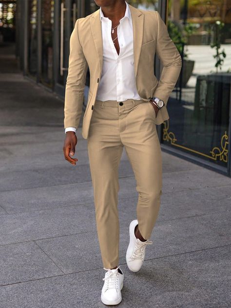 Traje formal de hombre con camisa de manga larga de unicolor simple y pantalones, para uso diario Caqui Trabajo    Liso  No-Elástico  Men Clothing, size features are:Bust: ,Length: ,Sleeve Length: Khaki Suits For Men, Outfits Sport Elegante Hombre, Semiformal Outfit Hombre, Outfit Formal Hombre, Khaki Suits, Semi Formal Outfits, Suit Outfit, Formal Men Outfit, Wedding Outfit Men