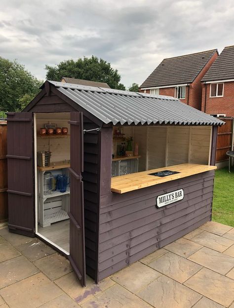 Outdoor Bar Space, Storage Shed Bar Ideas, Shed To Bar Conversion, Shed Transformation Ideas, Shed With Kitchen, Small Shed Bar Ideas, Outdoor Bar Shed, Shed Bars, Outdoor Shed Bar