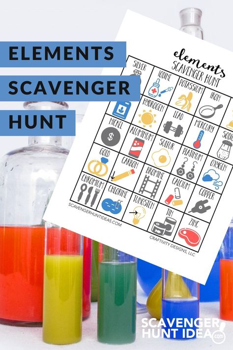 Periodic Table Scavenger Hunt (FREE Printable with 3 Levels of Difficulty) Science Scavenger Hunt, Scavenger Hunt Ideas, High School Activities, Periodic Table Of The Elements, Teaching Chemistry, Table Of Elements, Pioneer School, Chemistry Experiments, 6th Grade Science