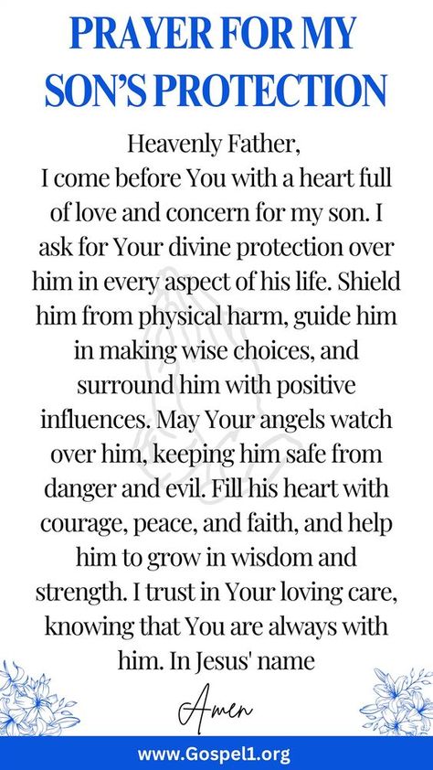 Discover heartfelt prayers to safeguard your son's well-being, success, and future. Find peace and comfort in these powerful words. #mothersprayer #sonsprayer #prayerforprotection #faith #christianliving Prayer For Adult Son, Prayer For Son Protection, Prayer For My Son Mental Health, Prayer For My Son Protection, Son Prayer, Prayer For Safety And Protection, Spiritual Scriptures, Prayers For My Son, Spiritual Fast