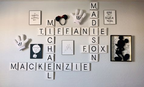 Disney Picture Wall, Mickey Playroom, Disney Farmhouse, Wall Stencil Nursery, Amazing Playroom, Disney Playroom, Updated Farmhouse, Disney Decor Diy, Scrapbook Room Organization