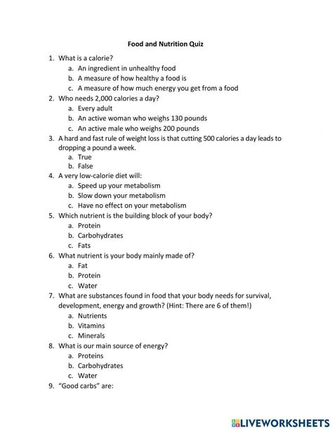 Food and Nutrition Quiz interactive worksheet Science Quiz Questions And Answers, Nutrition Worksheets, Worksheets For Adults, Very Low Calorie Diet, 500 Calories A Day, Science Quiz, Past Questions, Health Class, Quiz Questions And Answers