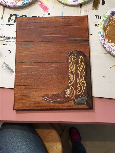 Painting Of Cowboy Boots, Country Themed Paintings, Pretty Canvas Painting Ideas Easy, Cowboy Acrylic Painting, Western Paintings Ideas, Cowboy Boot Painting On Canvas, Country Painting Ideas On Canvas, Cowboy Paintings Easy, Country Paintings Easy