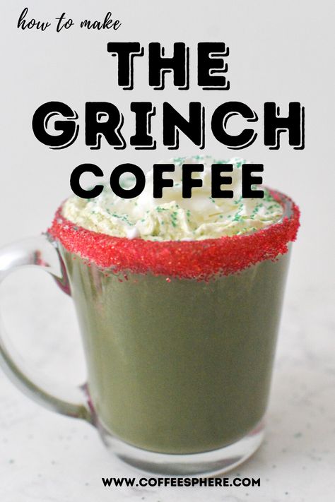 Christmas Coffee Drinks, Holiday Coffee Drinks, Easy Coffee Drinks Recipes, Christmas Beverages, Grinch Coffee, Minuman Starbucks, Desert Drinks, White Chocolate Sauce, Sanding Sugar