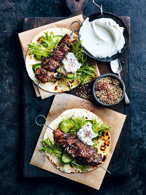 Zaatar Lamb Skewers With Whipped Feta | Donna Hay Deli Side Dishes, Feta Whipped, Lamb Side Dishes, Lamb Backstrap, Zaatar Recipe, Beautiful Meals, Ricotta Fritters, Central Cafe, Donna Hay Recipes