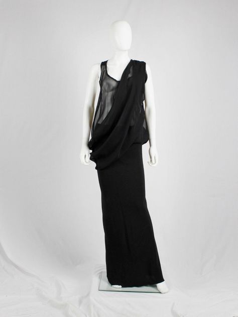 Ann Demeulemeester black sheer draped top or maxi dress | V A N II T A S Ann Demeulemeester 90s, Sheer Drapes, Dress 15, Draped Top, Evening Dresses Elegant, Ann Demeulemeester, Draped Dress, Blazer Outfits, Rowing