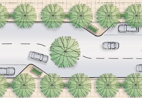 traffic calming, landscape architecture, irrigation, coordination. Plan view rendering of the street with 2 lanes and parallel parking on 2 sides. Enjoy the Green experience, planters. Beautiful! Traffic Calming Urban Design, Neighborhood Design Concept, Traffic Calming Design, Traffic Calming, Parking Plan, Landscape Architecture Presentation, Landscape Architecture Park, House Garden Landscape, Landscape Architecture Diagram