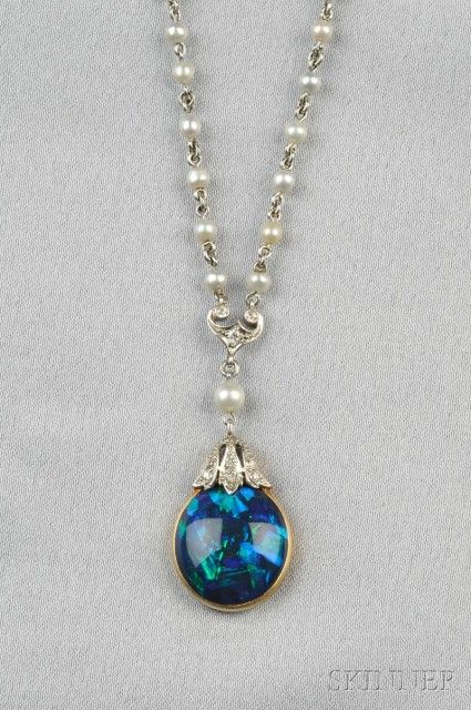 Arte Viking, Black Opal Pendant, Edwardian Jewelry, Blue Pendant, Fabulous Jewelry, I Love Jewelry, Rhinestone Jewelry, Pearl Chain, Stunning Jewellery