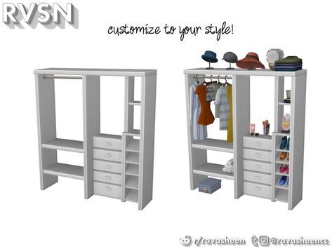 RAVASHEEN's Hang Around Closet Set Sims4 Cc Closet, Closet Furniture, Closet Clutter, Resource Furniture, Muebles Sims 4 Cc, Open Closet, Sims Building, Sims 4 Dresses, Quote Decor