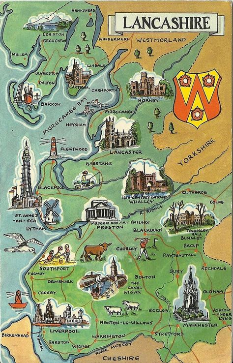 Vintage Postcard Lancashire England   Map  by postcardsintheattic, $6.95 Blackpool England, Lancashire England, Preston Lancashire, England Map, England And Scotland, Ansel Adams, Blackpool, Illustrated Map, Local Government