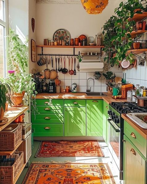 Hippie Kitchen, Vintage Maximalist Decor, Yellow Kitchen Cabinets, Maximalist Kitchen, 1970s House, Bohemian Kitchen, Decor 2024, Green Cabinets, Maximalist Decor