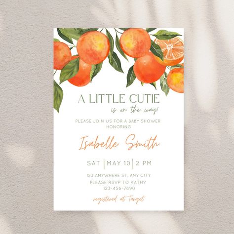 Cutie Oranges, Cutie Is On The Way, Orange Baby Shower, Gender Neutral Baby Shower Invitations, Summer Baby Shower, Orange Baby, Teddy Bear Baby Shower, Gold Invitations, Baby Bear Baby Shower