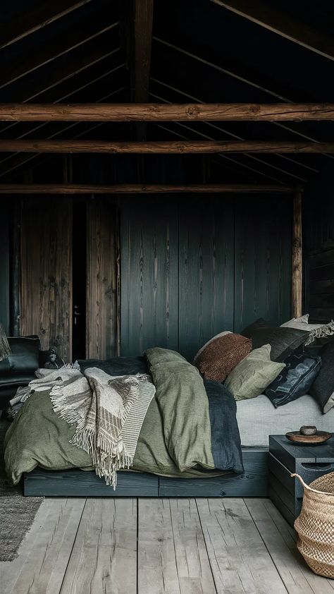 Earthy Bedroom Ideas! 25+ Calming Earthy Bedroom Ideas... Boho Mens Bedroom, Masculine Minimalist Bedroom, Grey And Brown Bedroom, Black And Earth Tones, Earthy Bedroom Ideas, Reclaimed Wood Bed Frame, Masculine Room, Bedroom Ideas For Men, Cozy Interiors