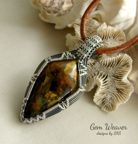 Pietersite and copper with fine silver Gem Weaver designs by Sandra Garrigus Wire Wrap Cabochon, Hammered Silver Jewelry, Stone Bead Jewelry, Wire Wrap Jewelry Designs, Copper Jewellery, Wire Wrapped Jewelry Diy, Silver Wedding Jewelry, Wire Jewelry Designs, Fine Silver Jewelry