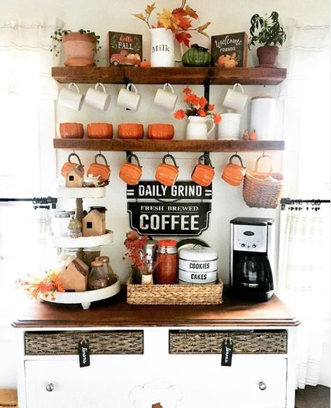 25+ Easy & Inviting Fall Kitchen Decor Ideas Fall Coffee Bar Ideas, Fall Coffee Bar Decor, Fall Coffee Bar, Fall Kitchen Decor Ideas, Autumn Kitchen, Coffee Bar Ideas, Coffee Stations, Coffee Bar Design, Coffee Bar Decor